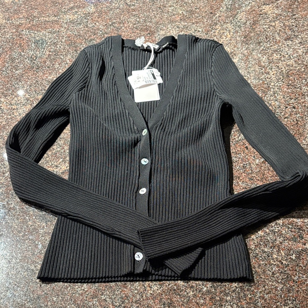 Good American Black Ribbed Cardigan